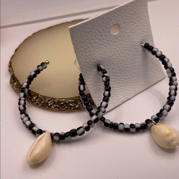 Free People Black And White Beaded Hoops - Picture 5 of 8